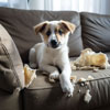 Picture of a dog chewing a sofa